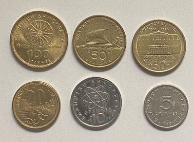 Alter Münzssatz Griechenland um 1990 - 1 x 100 , 2 x 50 , 1 x 20, 1 x 10 , 1 x 5