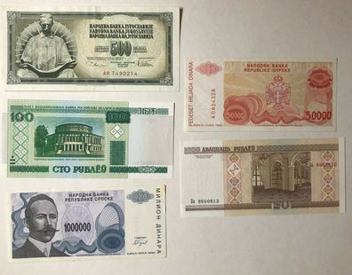 5 Banknoten Republike Srpske, Republika Jugoslavija - siehe Galeriebilder
