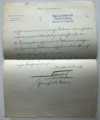 Max Loewenfeld - Theater - handgeschriebenr Brief 1899