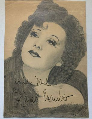 Zarah Leander - original Handzeichnung mit original Autogramm - 29 x 20 cm