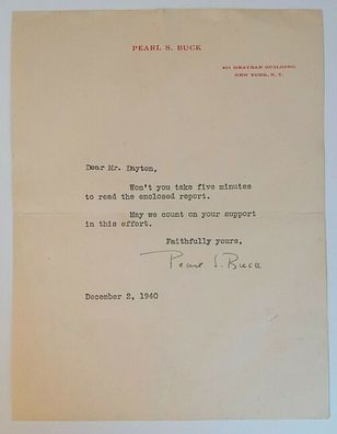 Pearl S. Buck - Nobelpreis Literatur 1938 - original Autogramm - 15 x 19 cm