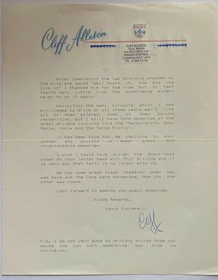 Cliff Allison - Formel 1 - original signierter Brief - Größe 25 x 20 cm
