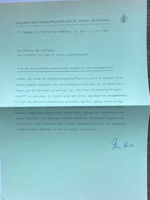 John Richard Hicks - Nobelpreis Wirtschaft 1972 - orig Autogramm - 15 x 10 cm