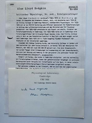 Sir Alan Lloyd Hodgkin - Nobelpreis Medizin 1963 - original Autograph