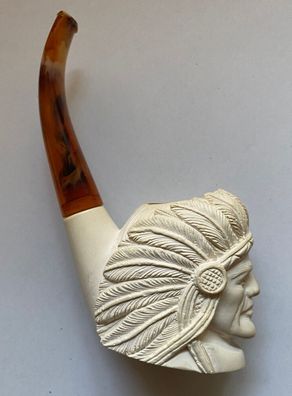 Meerschaumpfeife -Großer, geschnitzter Indianerkopf mit Mundstück aus Bernstein