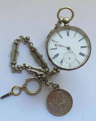 JVD Taschenuhr Schlüsselaufzug mit Uhrenkette und Silbermünze- Werk läuft nicht