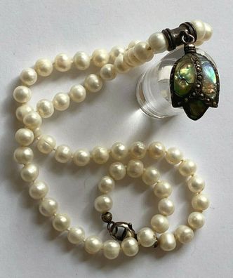 Süßwasser-Perlenkette mit Desiner- Anhänger 925er Silber , Perlmutt, Markasiten