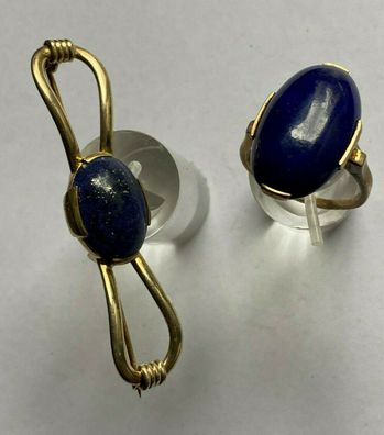 Antiker Ring 925er Silber vergoldet + Brosche - mit Lapislazuli - Ringgröße 59