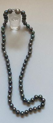 Perlenkette Natur - Pfauenfarbend, silbrig - 925er Silberschließe