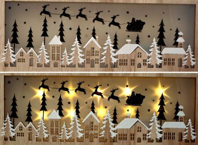 Holz Weihnachtsdeko verschneites Dorf mit Weihnachtsschlitten mit LED Beleuchtung ...