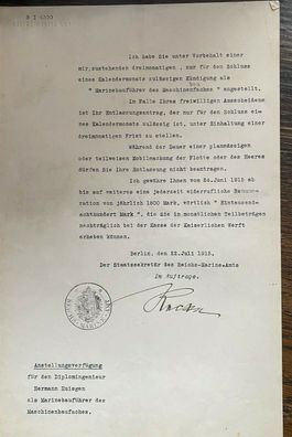 Reichs-Marine-Amt - original Dorkument 1915 mit Signatur im Auftrage und Stempel