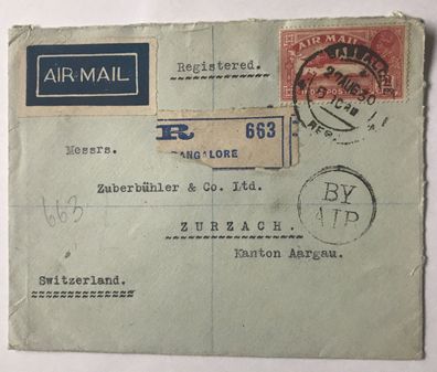 India Postage 27 Aug 1930 - 12 Annas EF - Air Mail to Zurzach Kanton Aargau