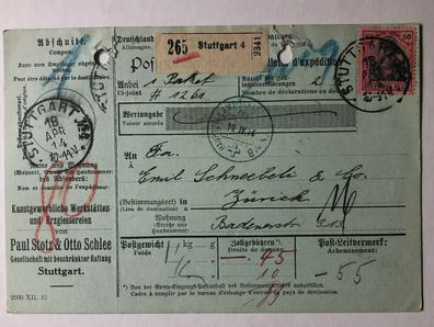 Deutsches Reich - Karte Wertsendung 18.4.1914 mit 80 Pf EF Stuttgart auf Zürich