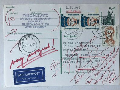 BRD Fulda Nov 91 - auf Shakadza / Mutale Südafrika - Retour Postal Agent close