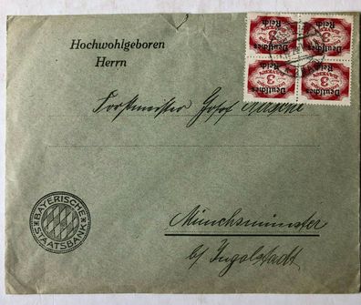 Deutsches Reich Dienstmarke MeF als Viererblock Michel 50 auf Ingolstadt