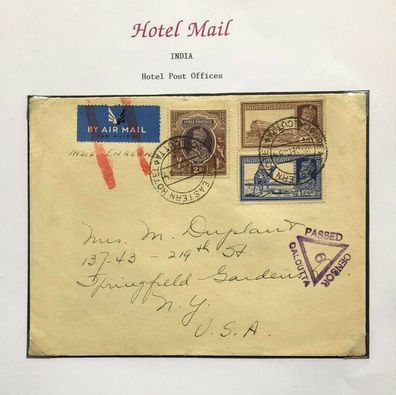 Hotel Mail India - Great Eastern Hotel, Calcutta - Dec 1937 to New York USA
