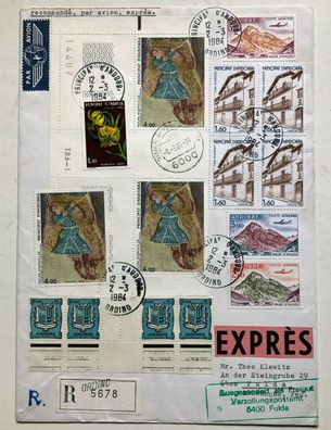 Andorra - Expres-Brief, Ordino -2.3.1984- MiF- alter Wappen-und Flugpost-Marken