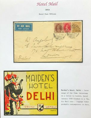 Hotel Mail India - Maidens Hotel Delhi - Jan 1938 to London, England