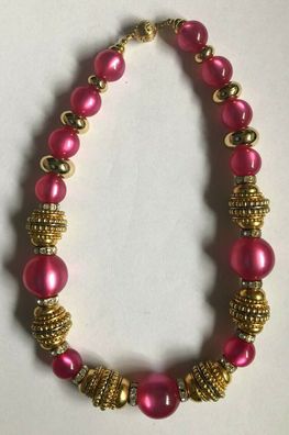 Elegante Kette -rosa Perlen mit goldfarbenden Elementen u. transparenten Steinen