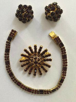 Mosambik Granat - Set mit Ohrclips, Brosche, Armband - Metall vergoldet