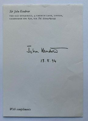 Sir John Cowdery Kendrew - Nobelpreis Chemie 1962 - original Autograph