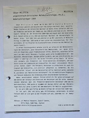 Cesar Milstein - Nobelpreis Medizin 1984 - original Autogramm -20 x 15 cm