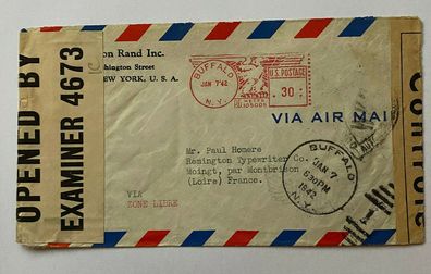 Air Mail 1942 by Transatlantic-Clpper - USA - Lisboa to Moingt ( Loire ) France