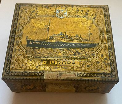 M.S. Europa - Jobano 2 Zigarren - Antike Blechdose um 1900 mit Holzboden