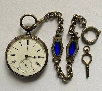 Taschenuhr Silber um 1850 mit Uhrenkette Trio - Handaufzug - läuft nicht