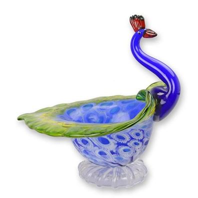 Deko Bowl Schüssel Schale Glasfigur Glasskulptur Glas Deko im Murano Stil Pfau