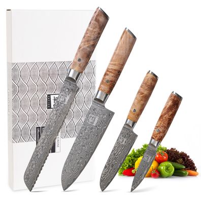 Zayiko 4er Damast Messer Set Klingen 8 bis 20cm Küchenmesser Wurzelholzgriff Birke