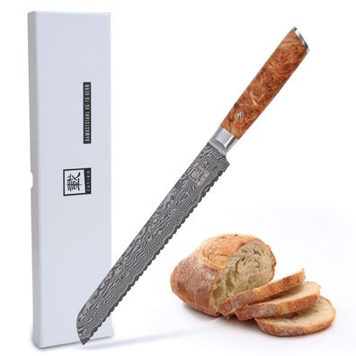 Zayiko Damast langes Brotmesser mit Wellenschliff Klinge 23 cm mit Wurzelholzgriff...