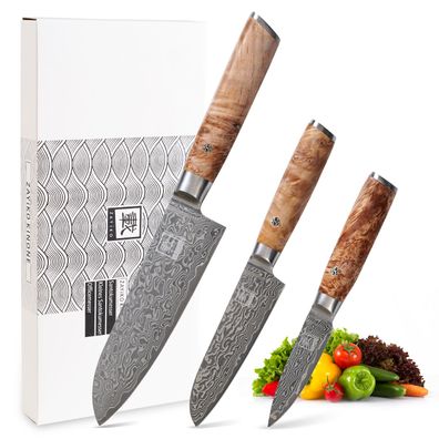 Zayiko 3er Damast Messer Set Klingen 8 bis 17cm Küchenmesser Wurzelholzgriff Birke