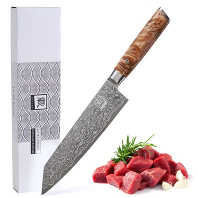 Zayiko Chefmesser 20cm Klinge Damast Messer Küchenmesser Wurzelholzgriff Birke