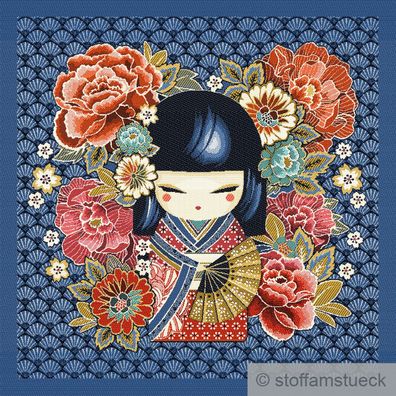 Stoff Kissen Panel Polyester Baumwolle Gobelin blau Kokeshi Puppe 50 cm x 50 cm