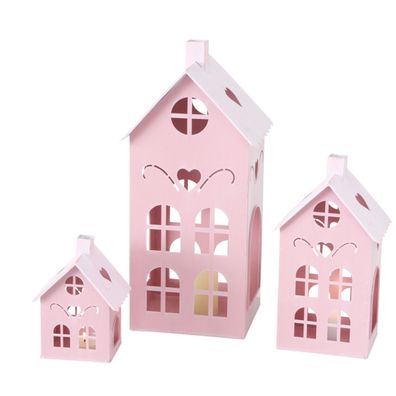 Laterne 3er Set in Hausform - Farbe: rosa - Windlicht Deko Kerzenhalter Innen Außen
