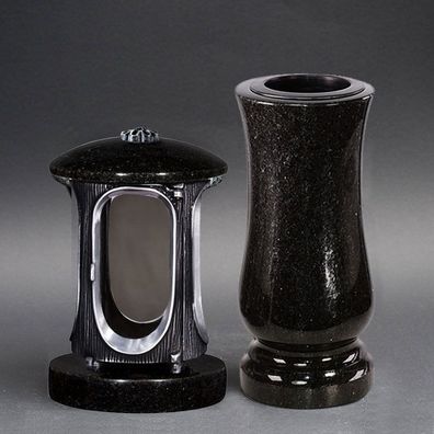 Granit Grabschmuck Set Grabvase Vase + Grablicht Grablampe Granit schwarz