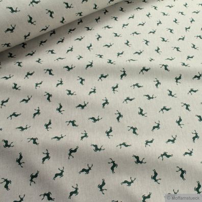 Stoff Baumwolle Polyester Rips natur Rentier grün Leinenoptik