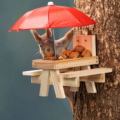 Eichhörnchen Futterstation Picknick - 21 x 18 cm - Holz Futter Haus Tisch mit Schirm