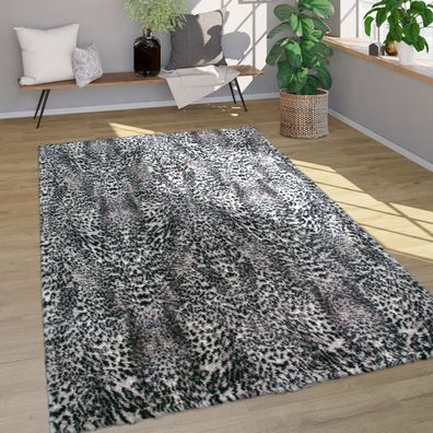 Hochflor Teppich Fellteppich Kunstfell Leoparden Design Weich Waschbar Grau