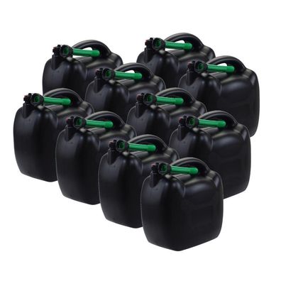 10x Benzinkanister 20L schwarz Kunststoff mit Einfüllschlauch grün, UN-Zulassung