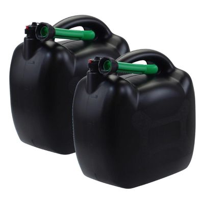 2x Benzinkanister 20L schwarz Kunststoff mit Einfüllschlauch grün, UN-Zulassung