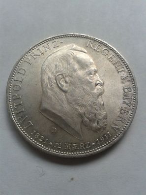 sehr gutes Stück 5 Mark 1911 Kaiserreich Prinzregent Luitpold von Bayern Silber