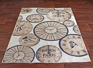 Seidenglanzteppich Uhr Paris Bistro Coffee Teppich Edles Design mehrere Größen