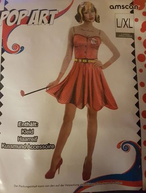 Pop Art Damenkostüm Kleid, Haareif & Kussmund S/ M & L/ XL Karnevalskostüm