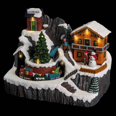 Weihnachtsszene Schneebedeckter BERG, mit LED-Dioden und Spieluhr