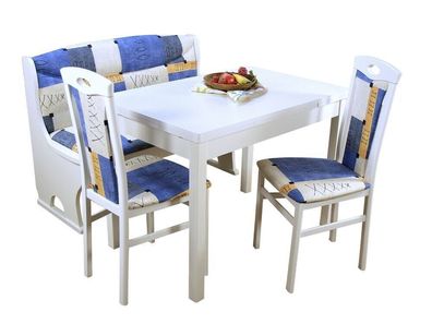 4 teilige Essgruppe mit Truhe Buche weiß/ Muster blau Tischgruppe Küchengarnitur