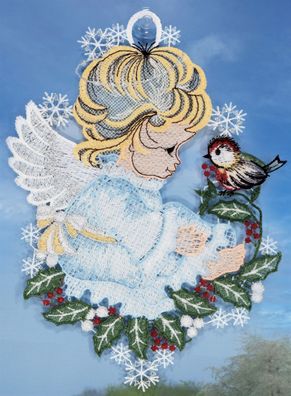Plauener Spitze Fensterbild Weihnachten Engel Silber 27 cm Fensterdekoration Advent