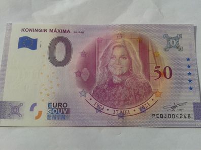 Null euro Schein Souvenirschein Koningin Maxim Königin Maxima 50. Geburtst. 2021-1