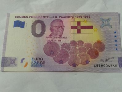 Null euro Schein Souvenirschein Suomen Presidentti Paasikivi 2021-7